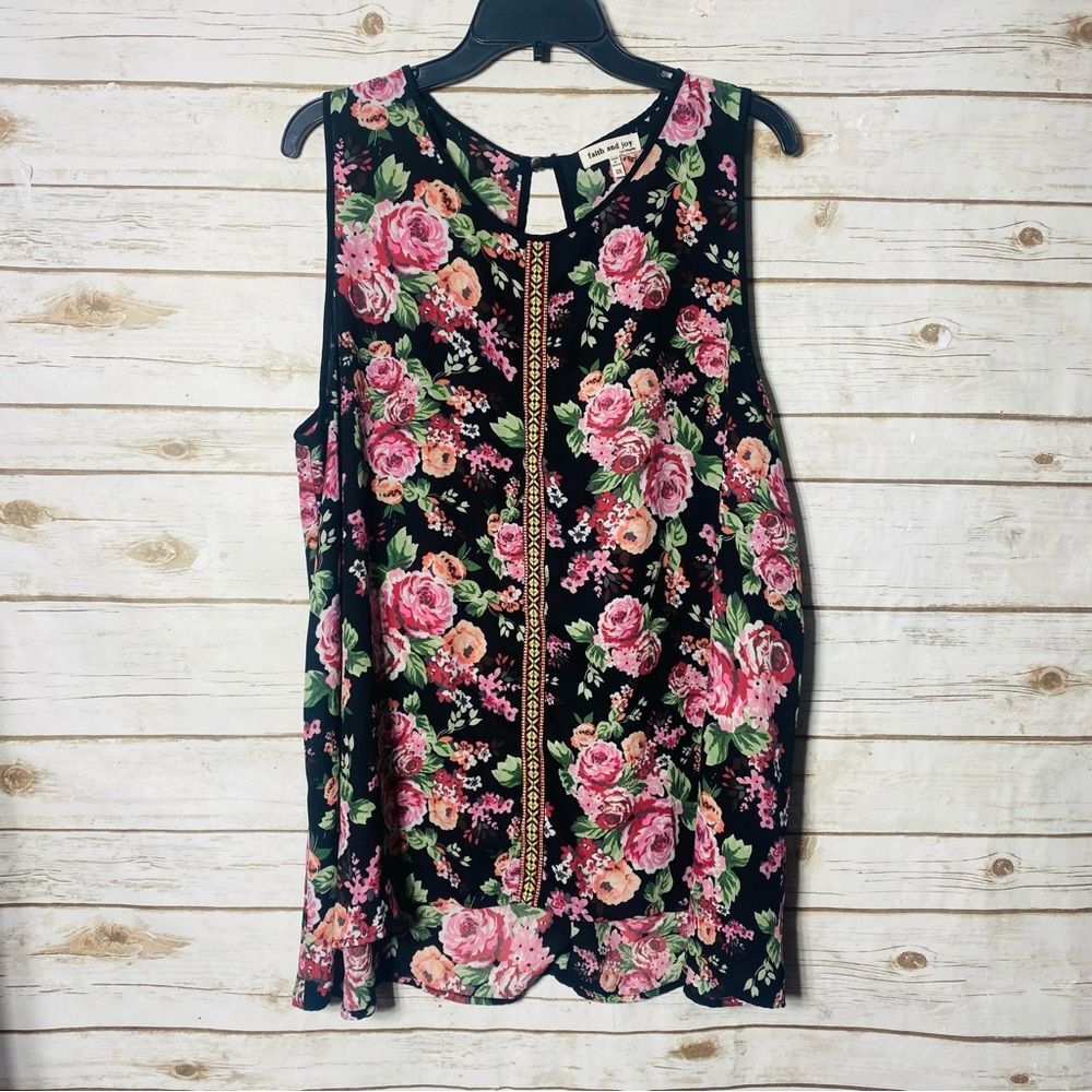 Faith and Joy Floral Light See through Sleeveless Blouse Plus Size 2X